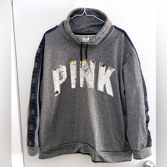 Victoria's Secret Tops - PINK Victoria’s Secret Bling Sequin Campus Collar Sweatshirt Rainbow Sleeve L